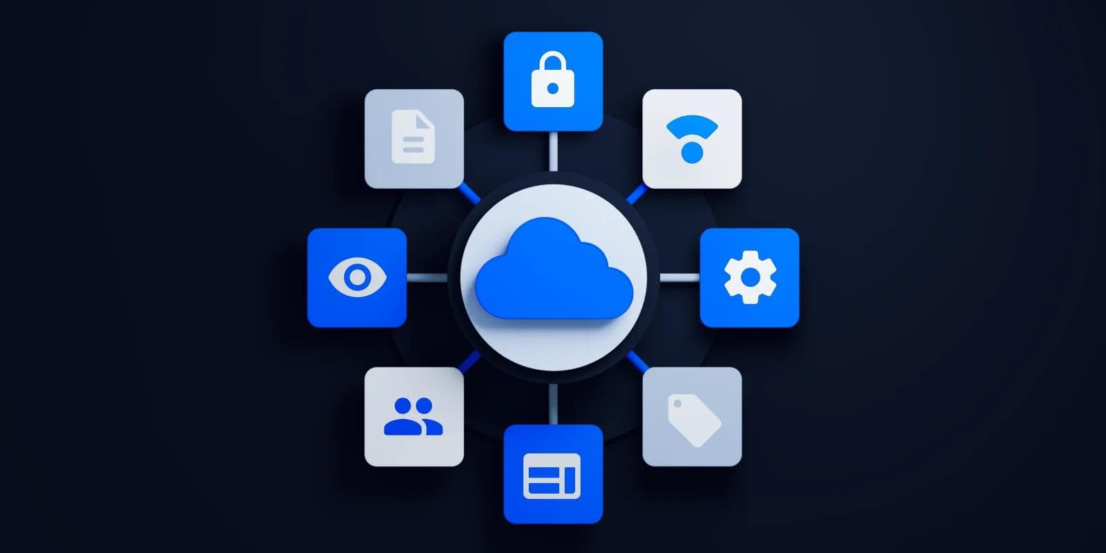 What is a cloud-based headless CMS_.png Graphic depicting a central cloud icon surrounded by various tech symbols representing data, security, and connectivity.