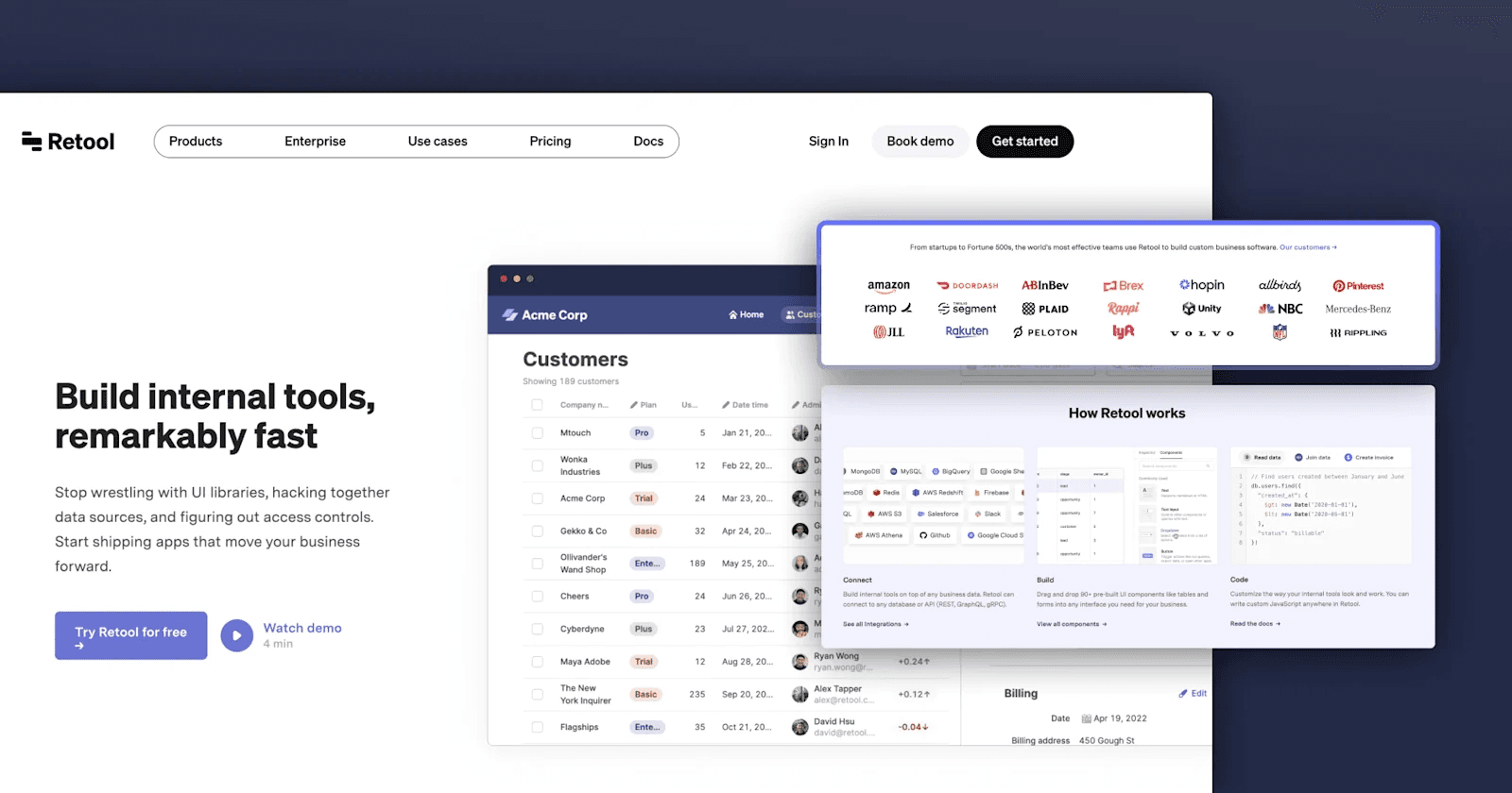 Retool - Demo page Screenshot of Retool's website showcasing internal tool-building features and customer logos.