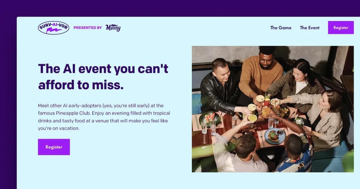 Mutiny - SurvAIvor Event Landing Page Gathering of people enjoying drinks and food at a vibrant event promoting AI at the Pineapple Club.