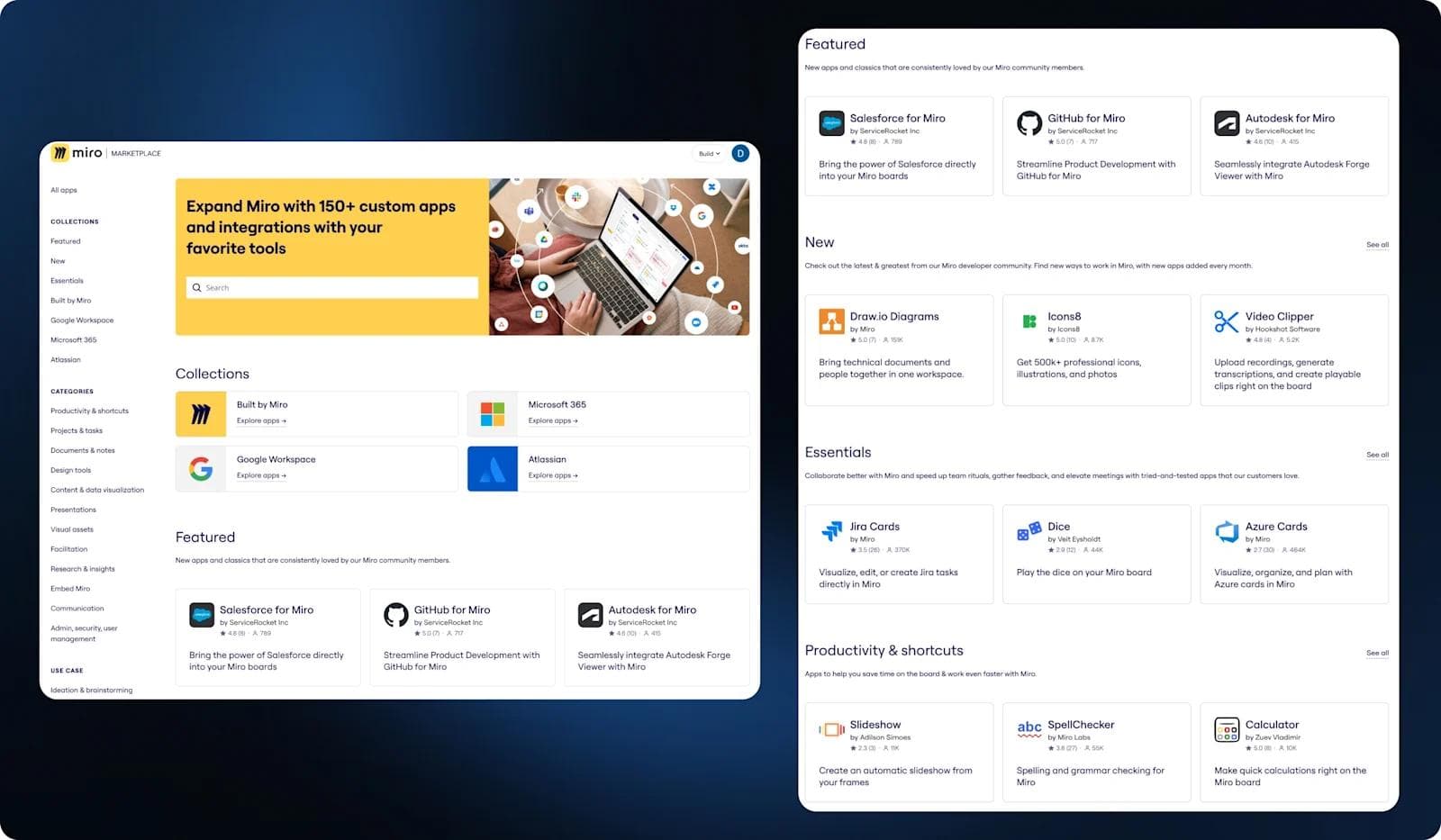 miro integrations Miro marketplace interface showcasing various app integrations and categories for productivity and collaboration tools.