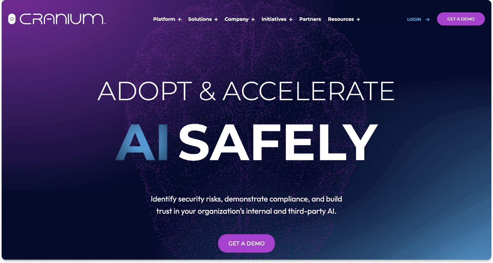 Cranium website banner promoting safe AI adoption and compliance, featuring a purple and blue gradient background.