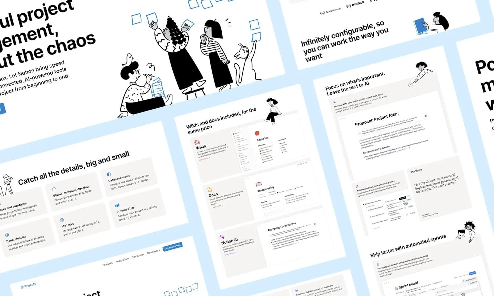 Notion product page Screenshot of Notion's project management tools, featuring AI integration and various documentation layouts.