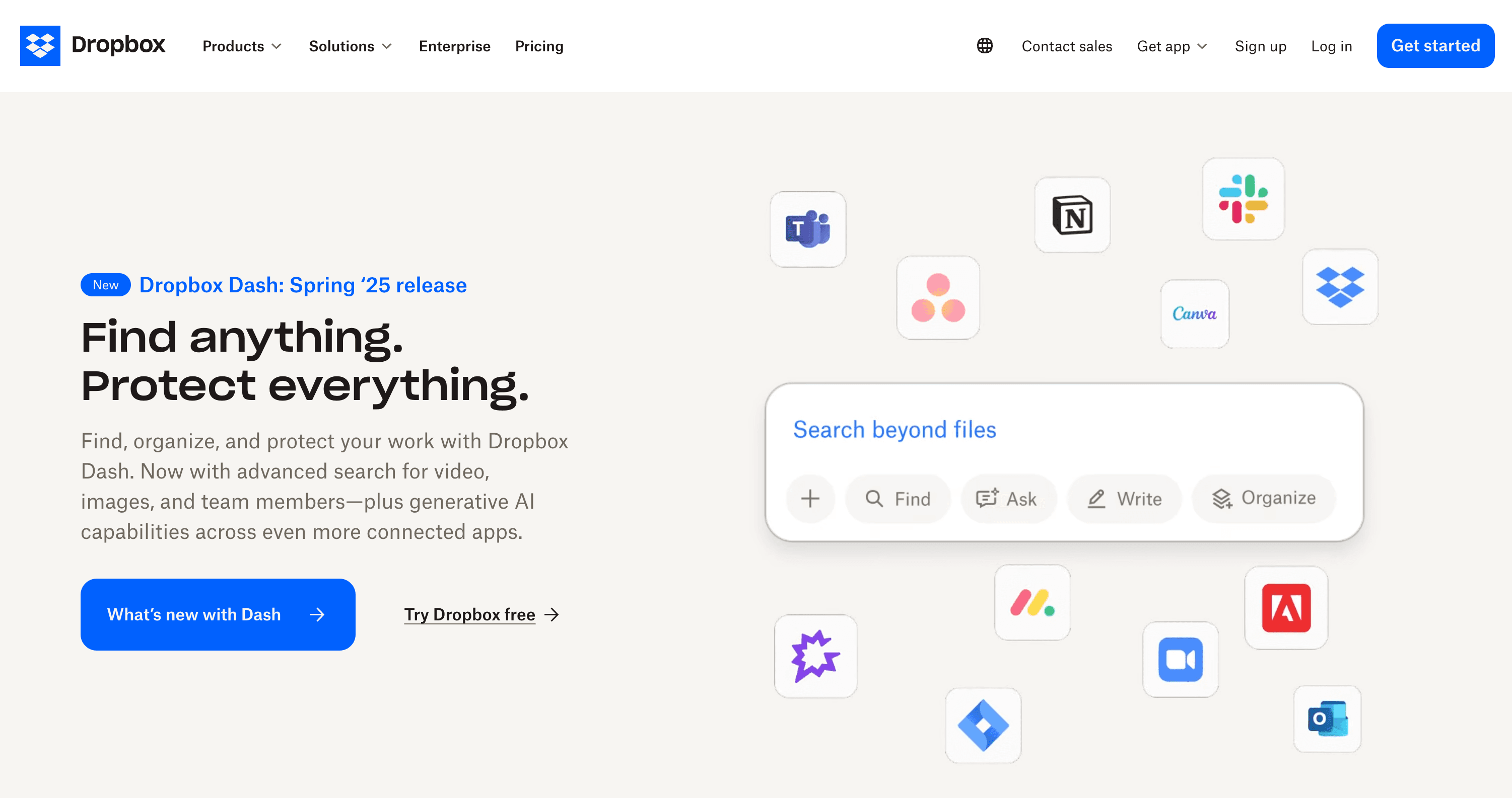 Dropbox Dash promotional image featuring advanced search options and various app icons for enhanced productivity.