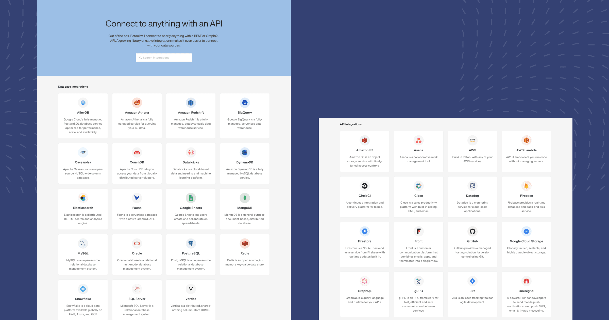 API integration options for various databases and services, showcasing logos and brief descriptions.