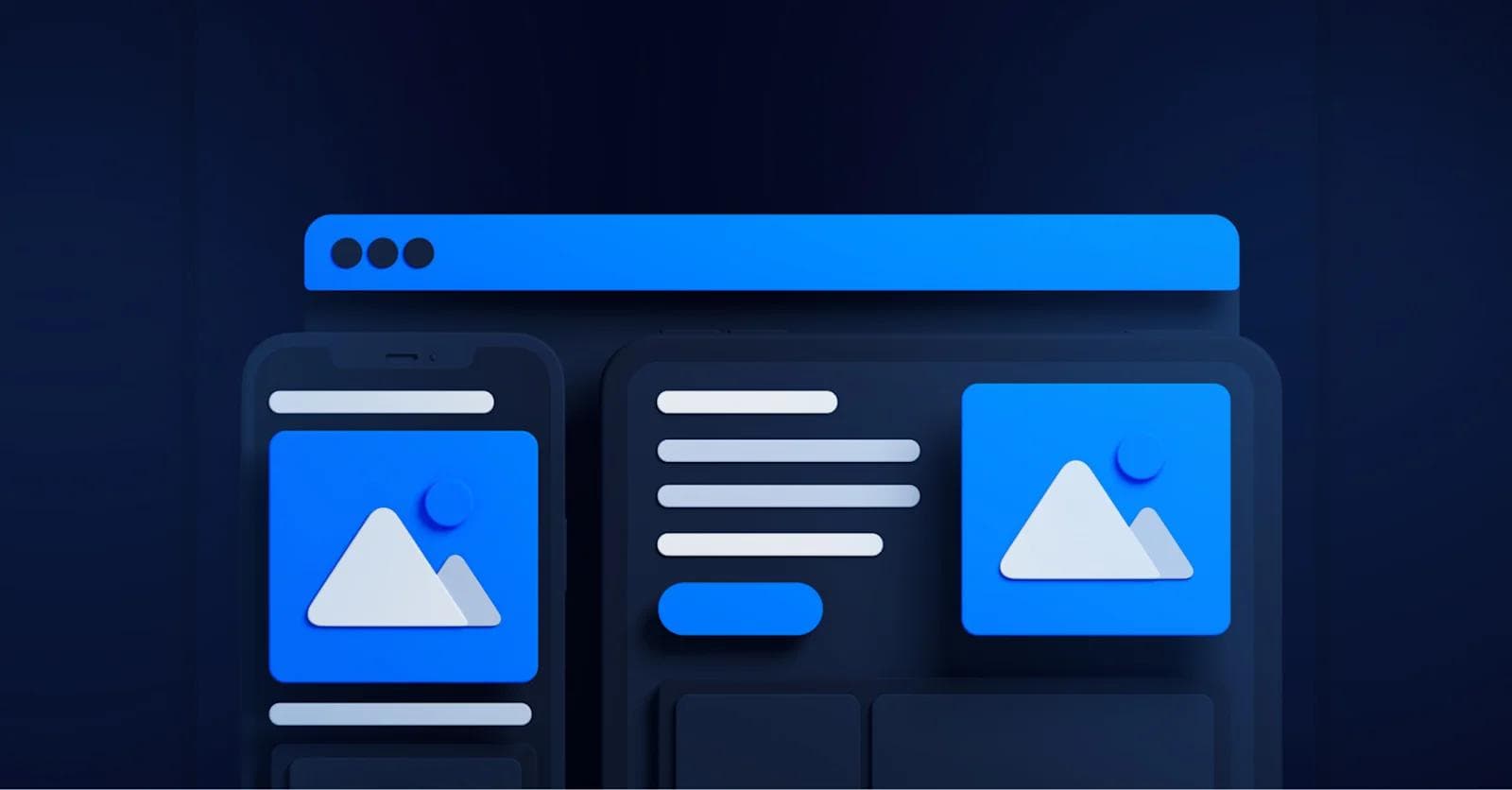 5 ways to nail a lasting first impression Graphic of a mobile and desktop interface displaying image placeholders and UI elements in blue and dark tones.