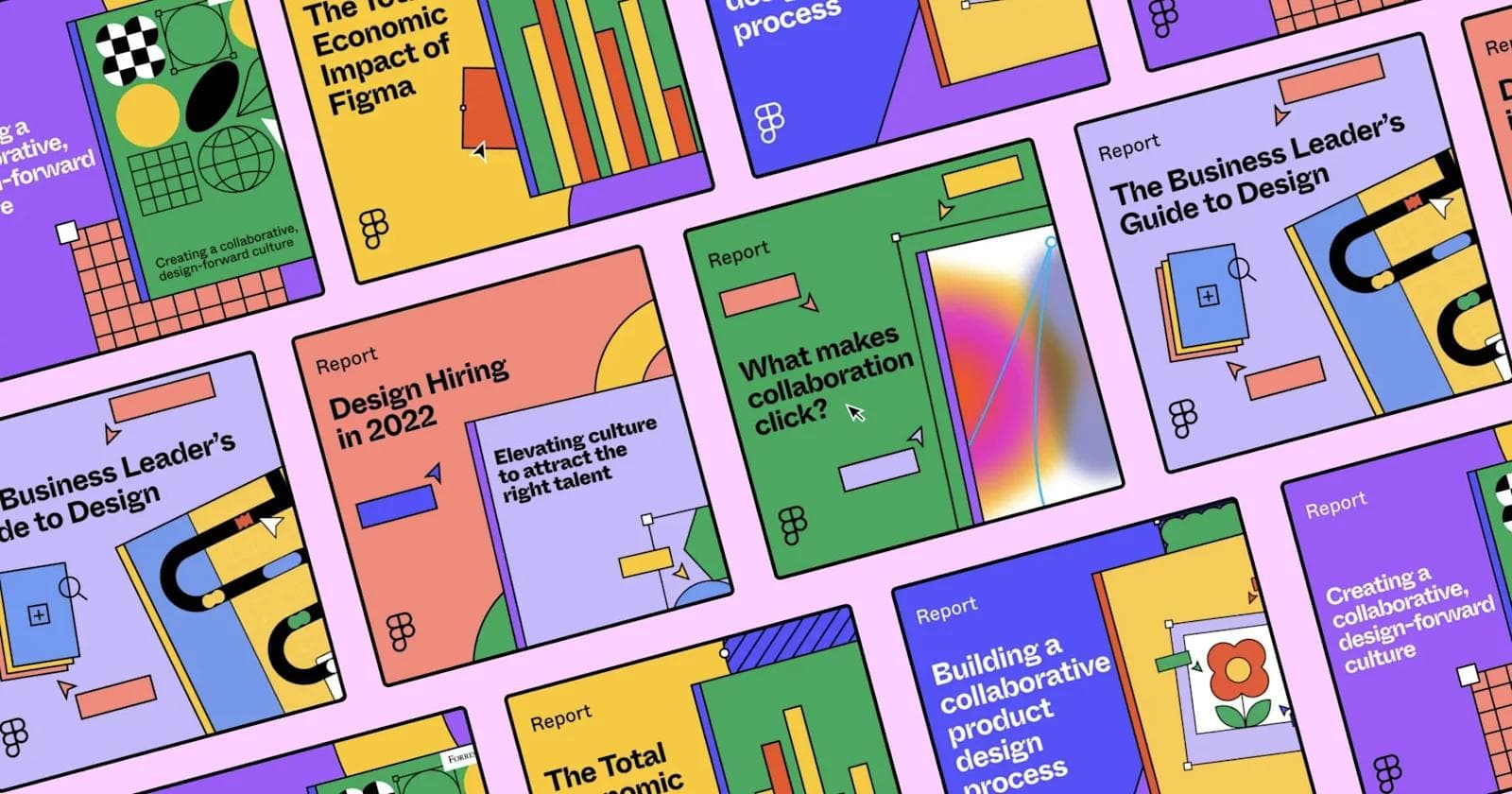 Figma illustrations A colorful grid of report covers focusing on design, collaboration, and the economic impact of design tools like Figma.