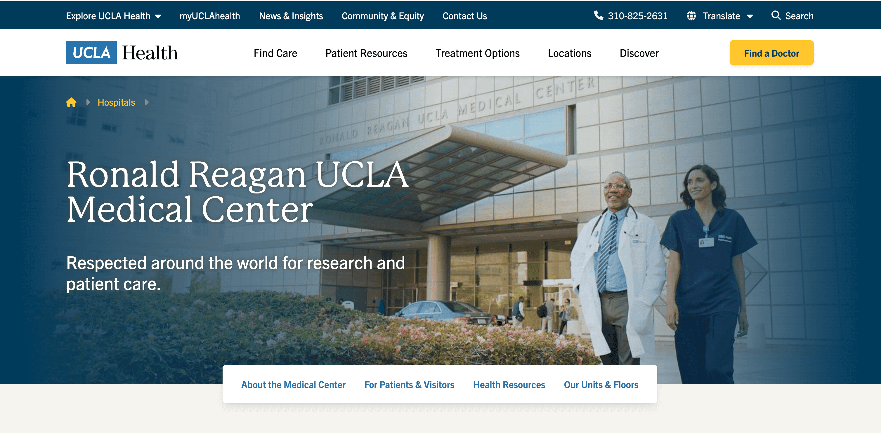 Homepage of Ronald Reagan UCLA Medical Center showcasing staff and hospital entrance, emphasizing patient care and research.