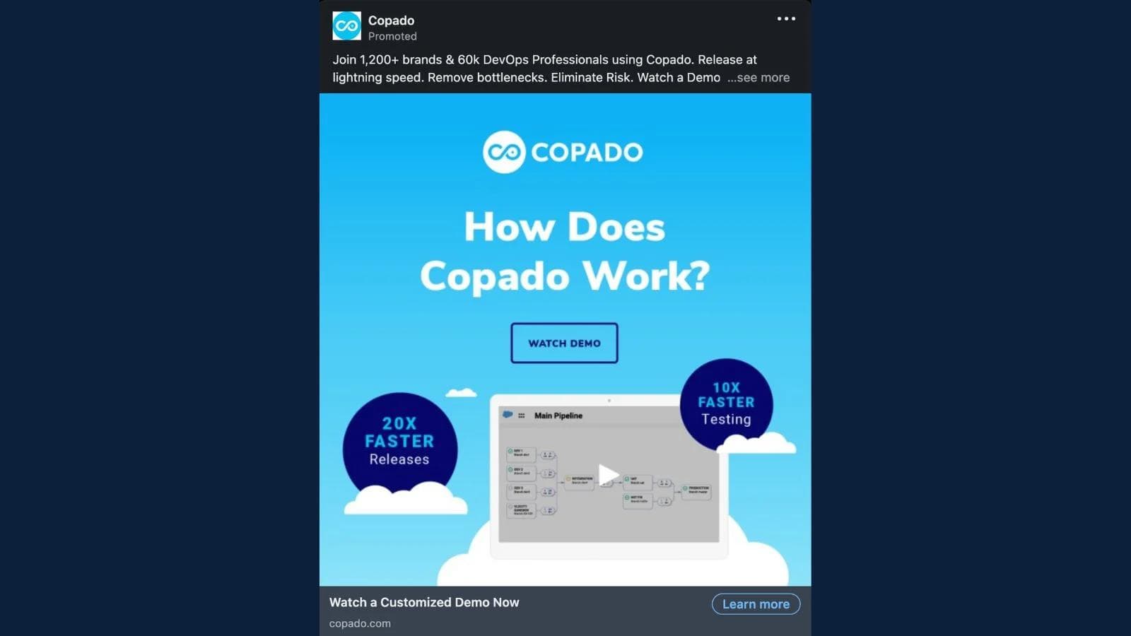 copado-linkedin-ad-demo Promotional graphic for Copado highlighting faster releases and testing, with a call to watch a demo.