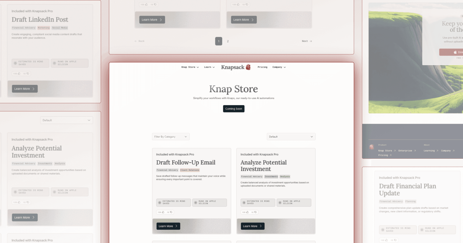 Screenshot of the Knap Store, showcasing AI tools for drafting and analyzing various financial documents and posts.