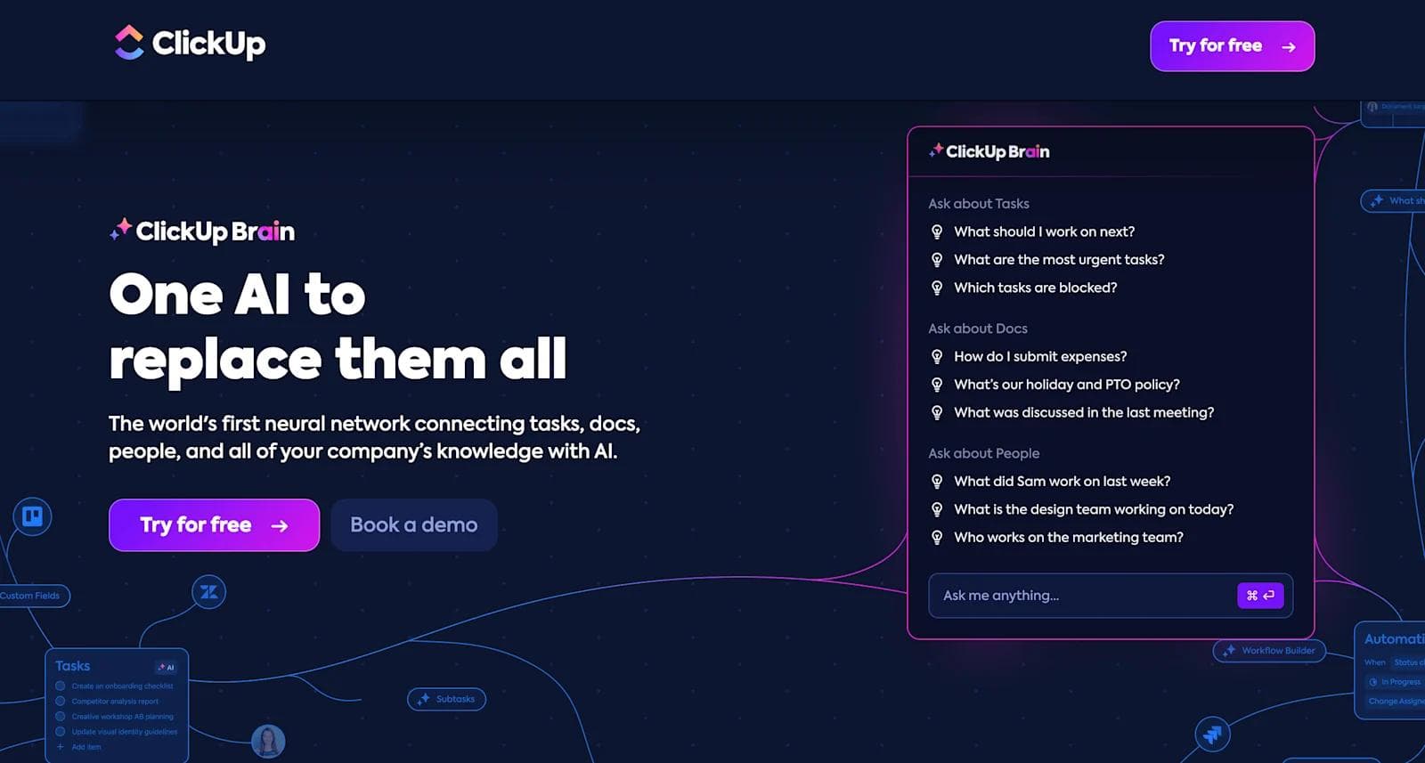 clickup features ClickUp Brain interface showcasing AI features for task and document management, with prompts for user inquiries.