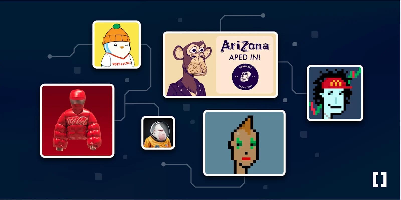 A collage of various cartoon avatars and NFTs against a dark background, including a monkey and a Coca-Cola figure.
