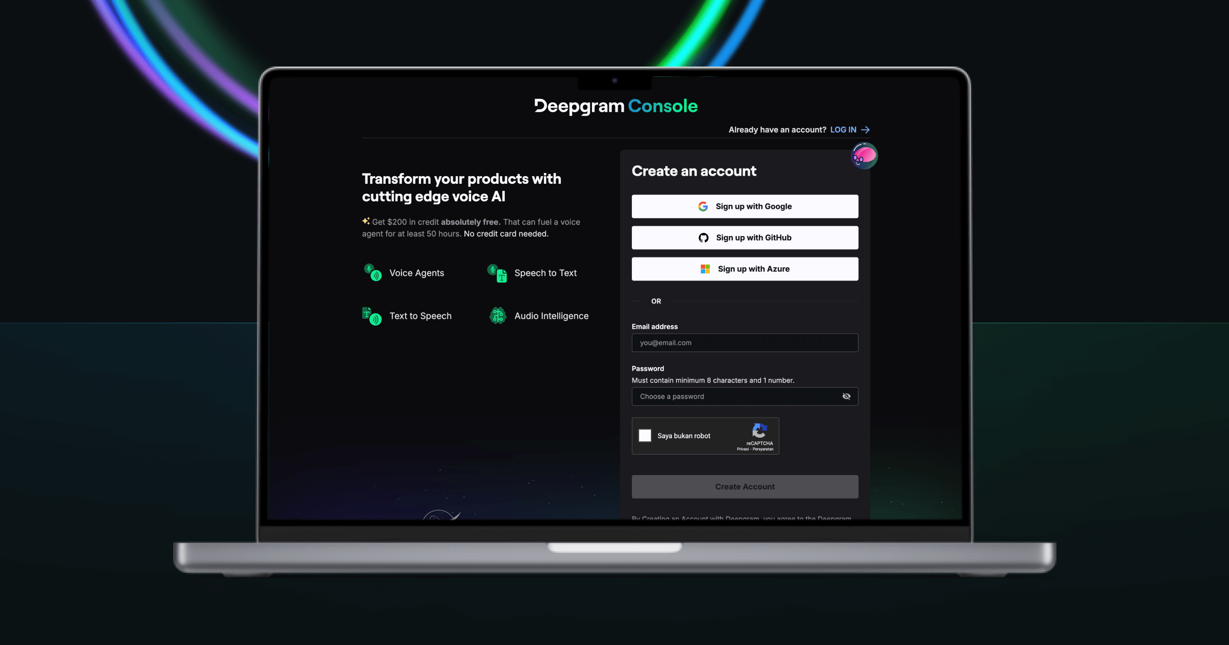 Deepgram Console login page with options to create an account using Google, GitHub, or Azure.