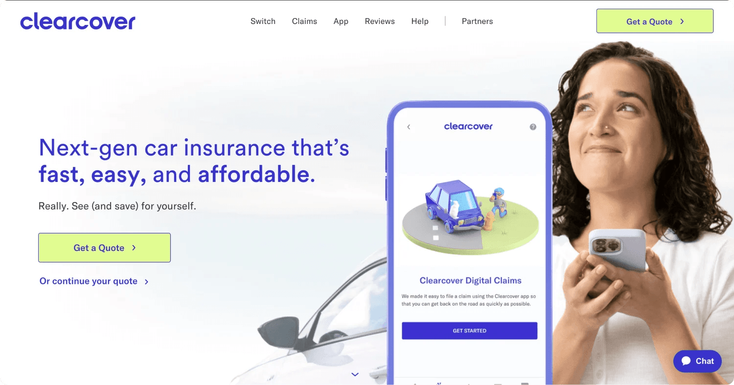 clearcover-hp Clearcover car insurance advertisement featuring a woman holding a phone and a digital claims interface.