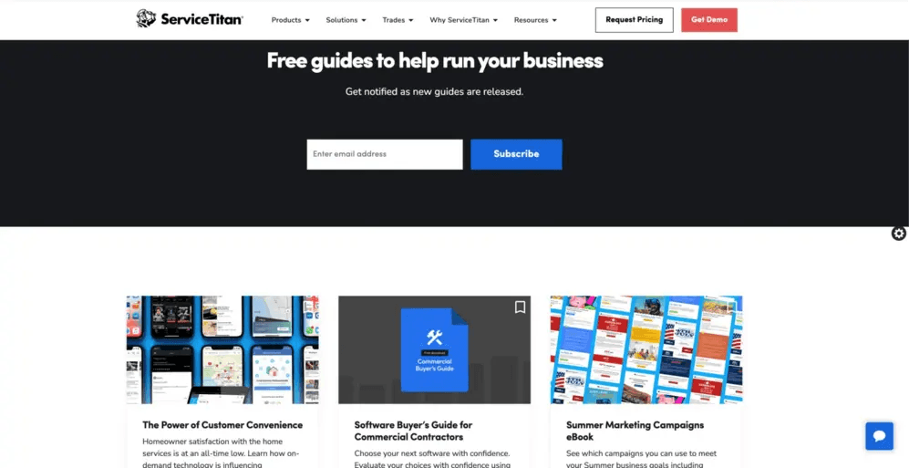 ServiceTitan webpage showcasing free business guides and resources for contractors.