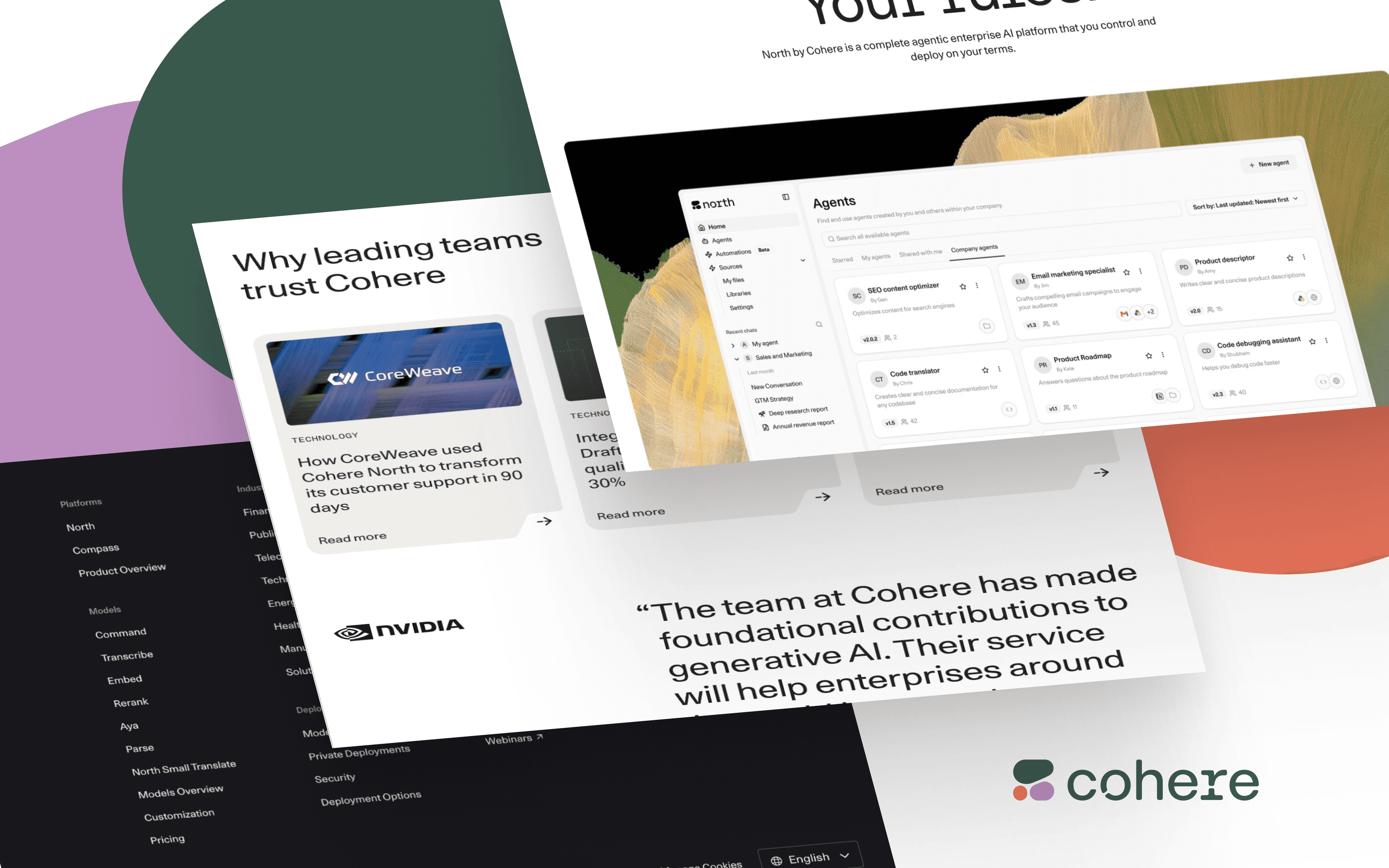 Screenshots of a website showcasing an enterprise AI platform with various product features and model descriptions.