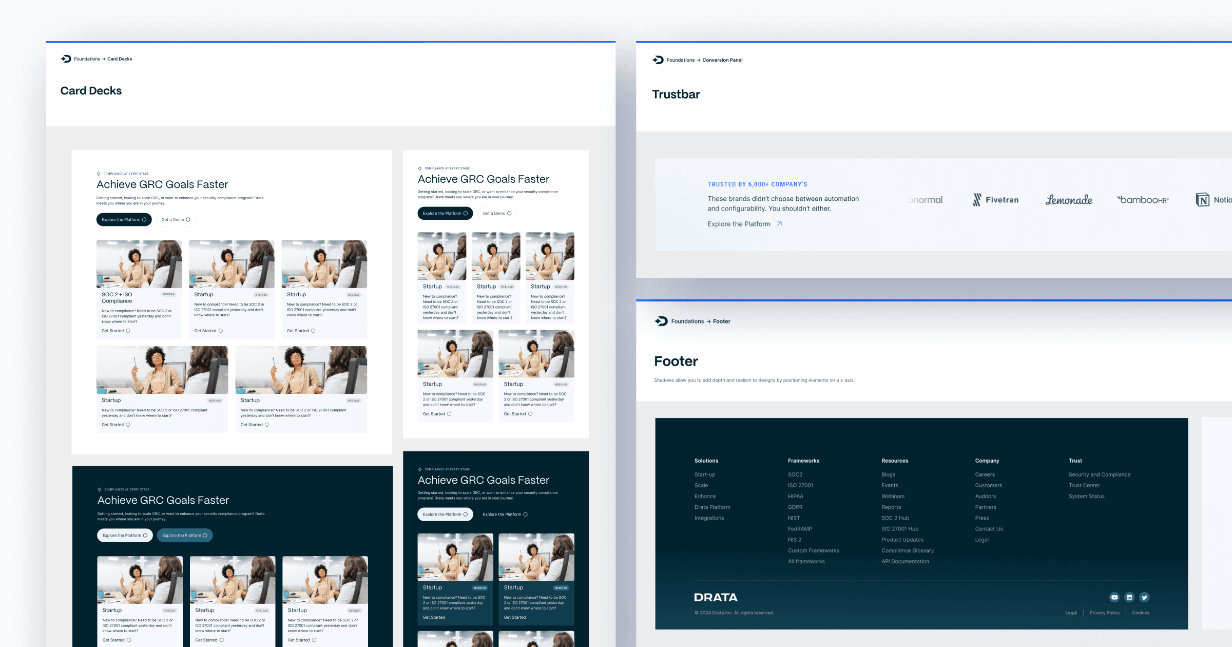 UI design showcasing card decks for GRC goals, including a trust bar and footer with company links.