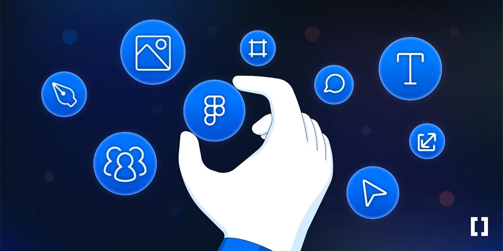 A custom illustration of icons placed inside circle elements with a a hand positioned in the center.