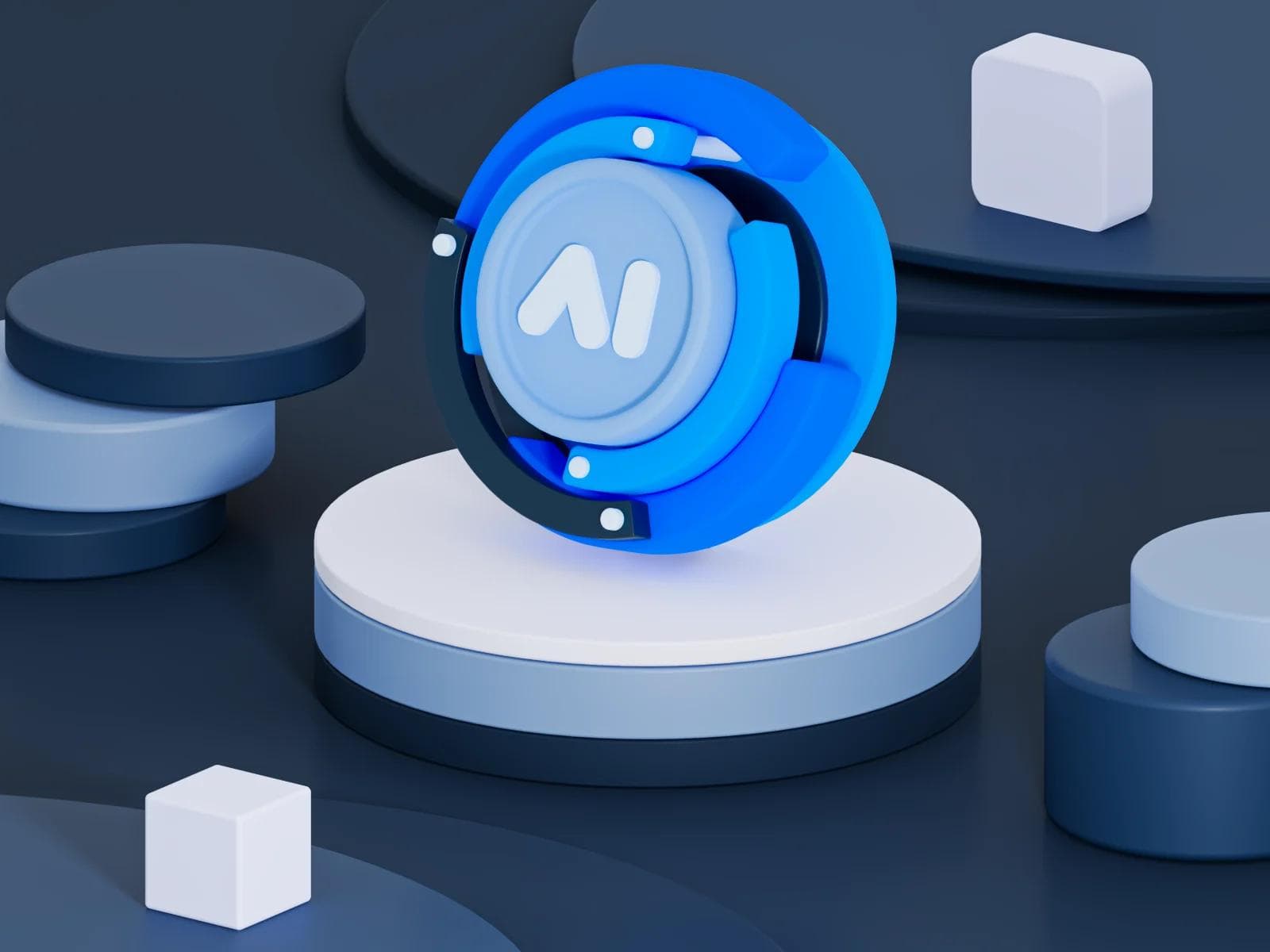 3D illustration of a blue and white logo on circular platforms, with geometric shapes in a dark background.