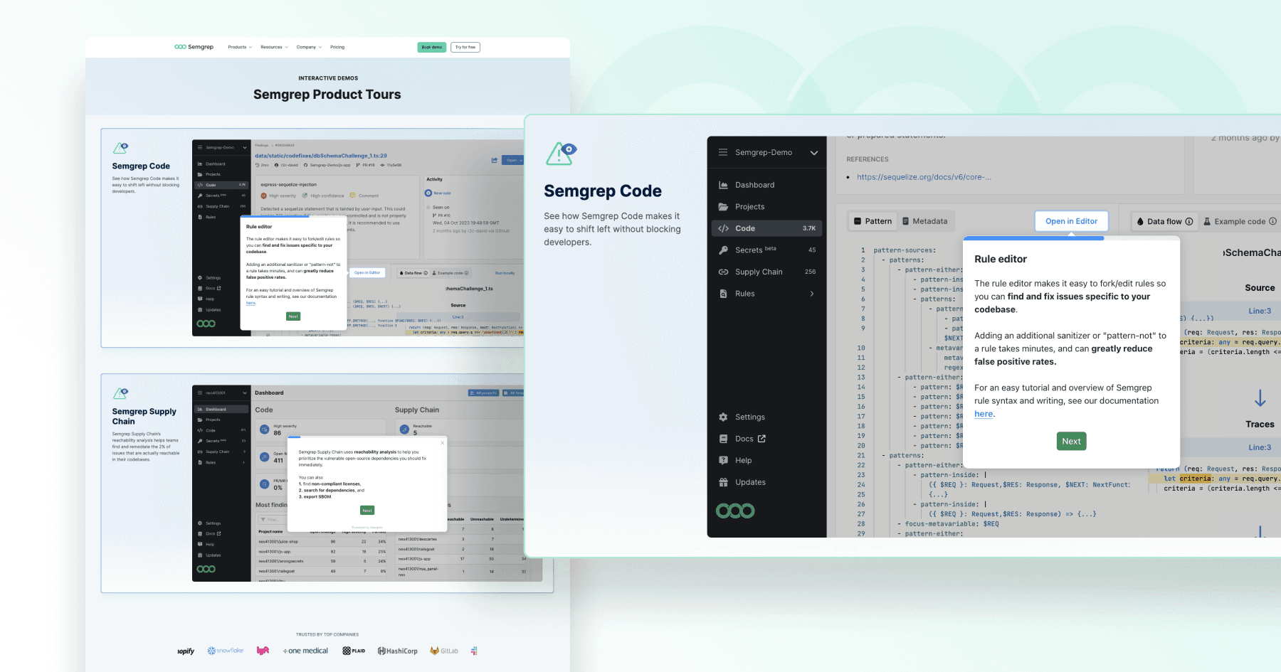 Semgrep product tour showcasing the Semgrep Code and Supply Chain features with tooltips and dashboards.