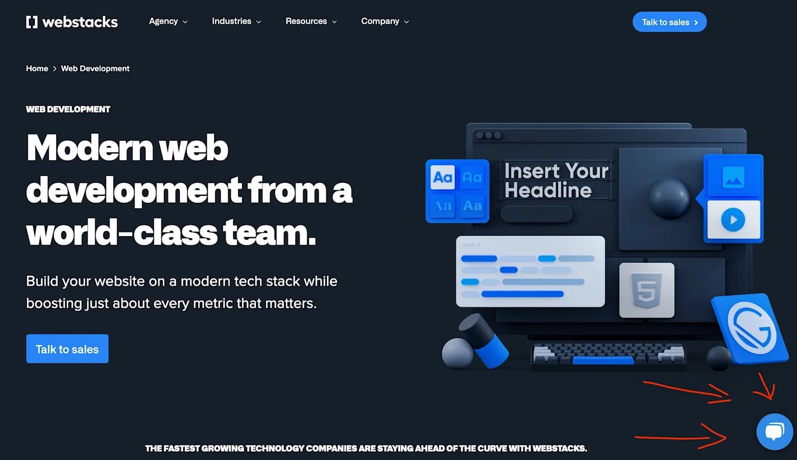 webstacks-hubspot-chatbot HubSpot chatbot on the Webstacks home page.