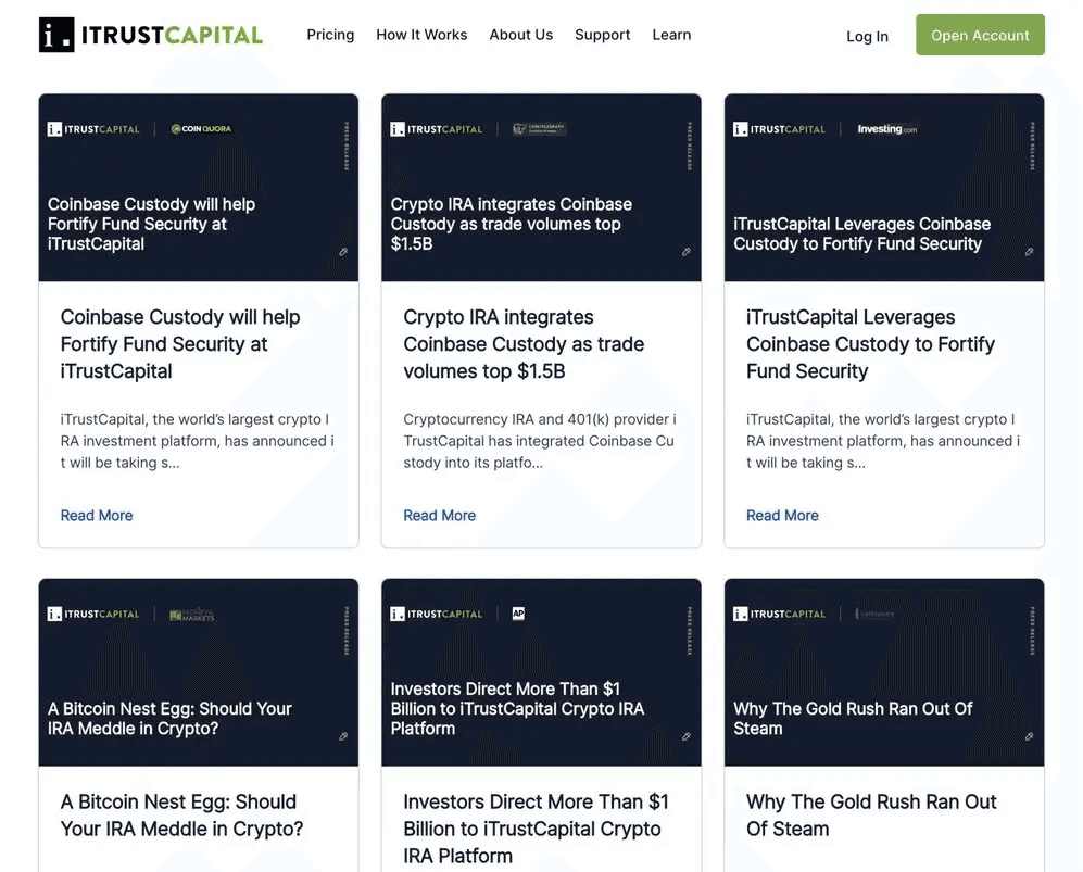 iTrustCapital webpage features articles on Coinbase Custody and cryptocurrency IRA investments.