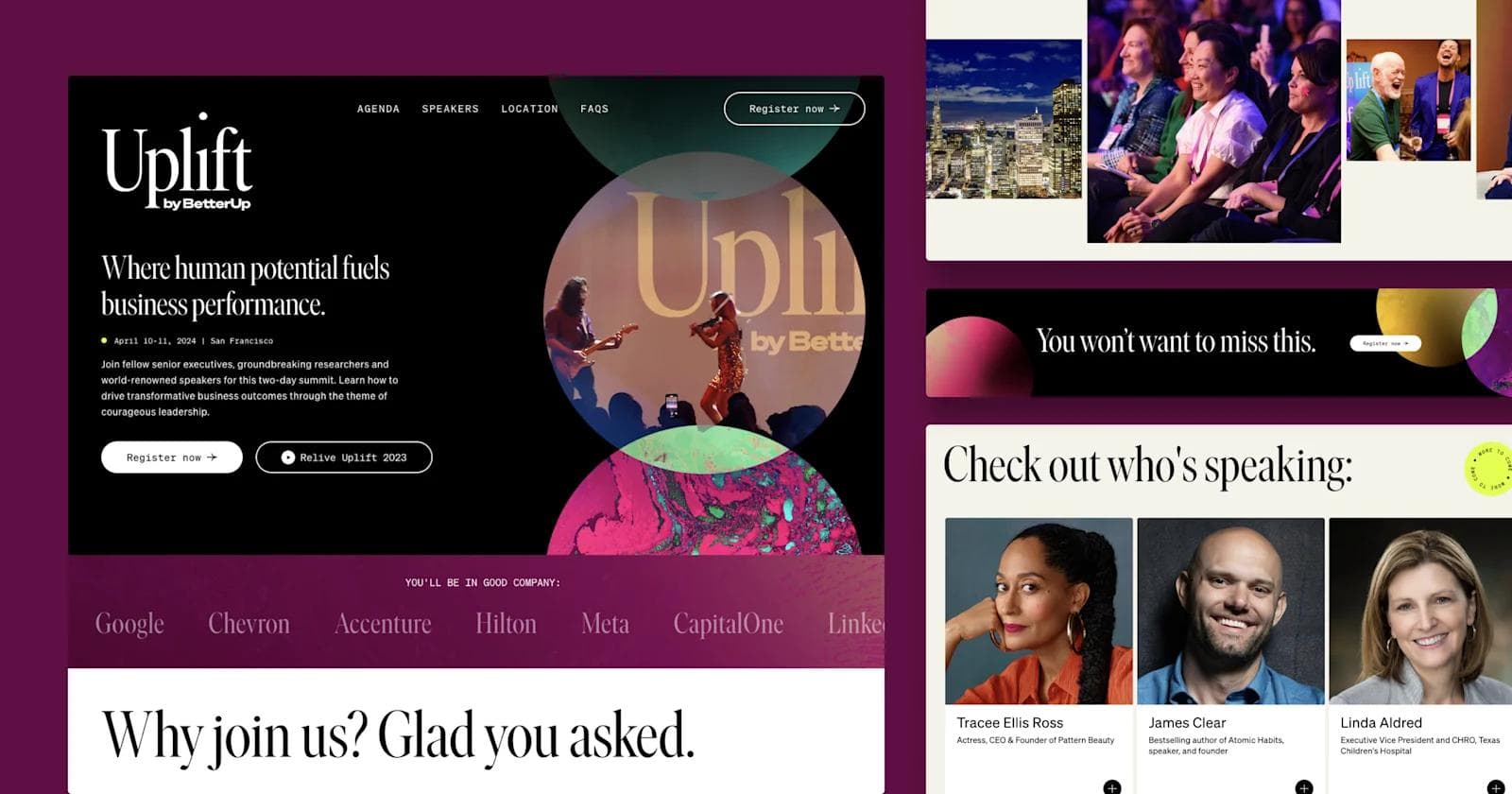 betterup 1 Promotional image for Uplift summit 2024, featuring speakers and event details on a vibrant background.