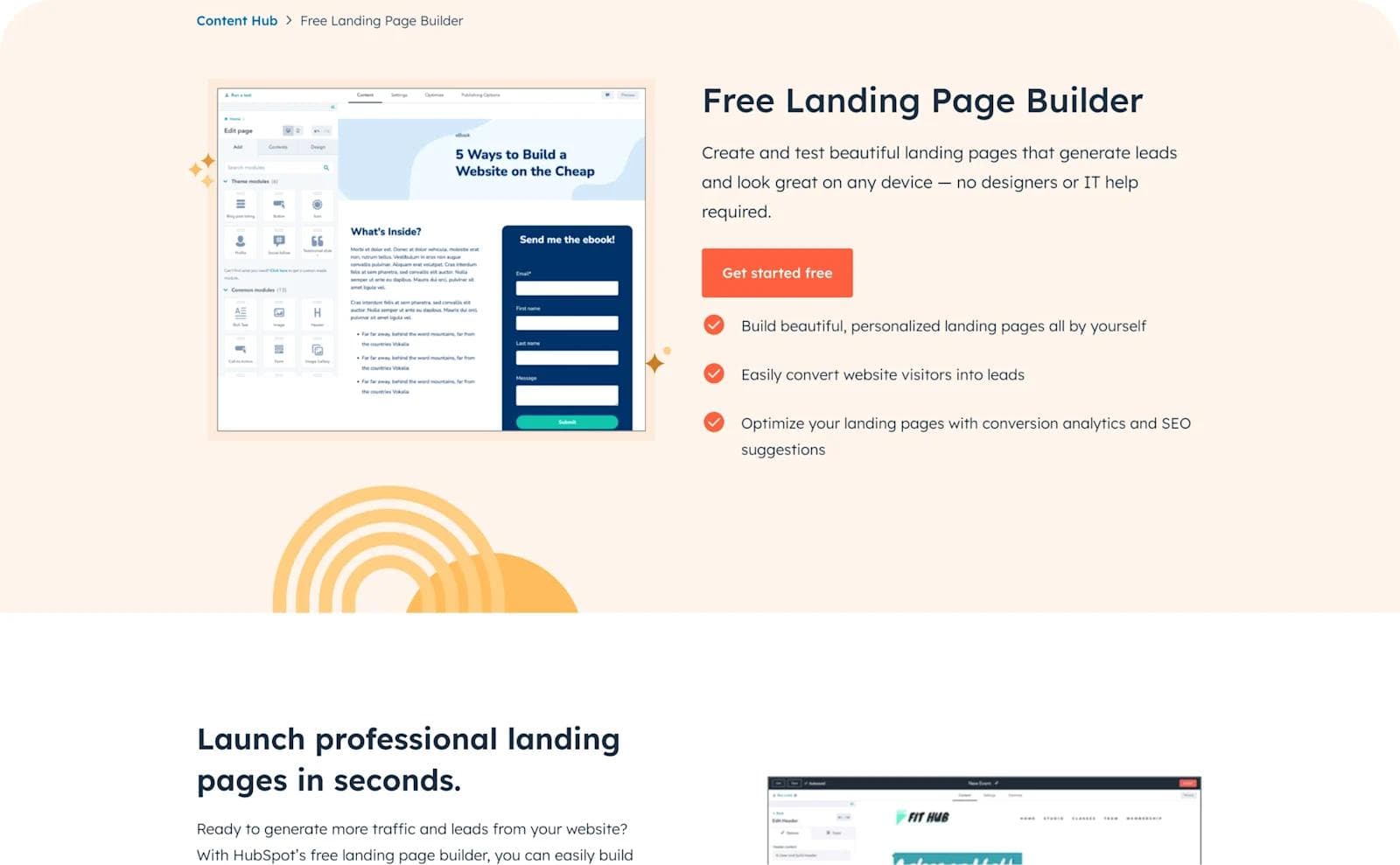 hubspot-landing-pages Landing page builder interface showcasing features to create, optimize, and convert leads easily.