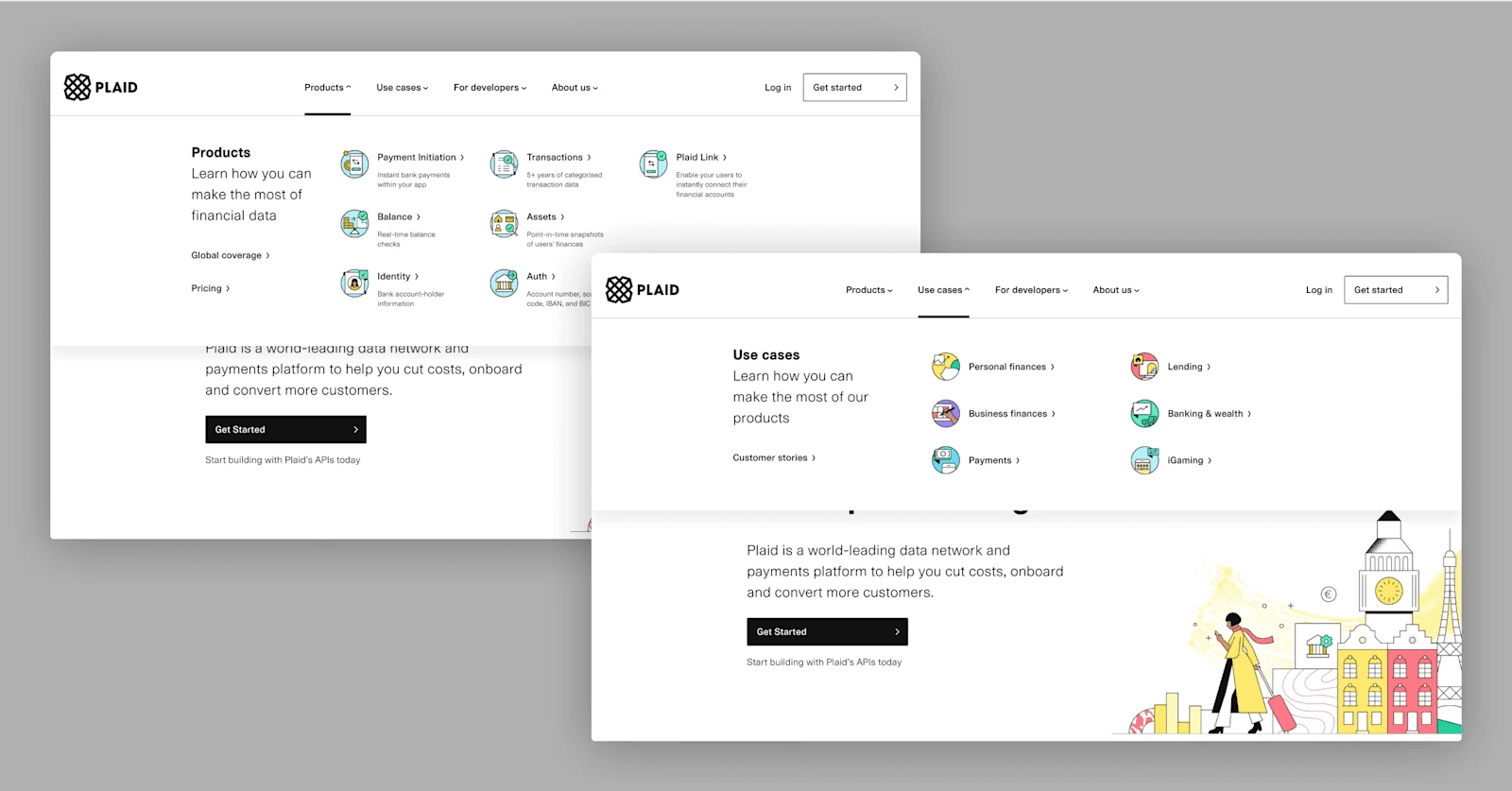 Plaid-mega-menu Plaid website interface showing products, use cases, and a promotional section for financial data services.