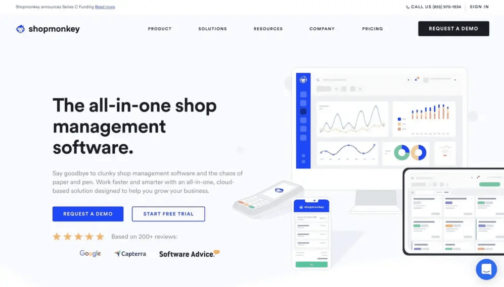 Homepage of Shopmonkey, showcasing all-in-one shop management software with demo and trial options.