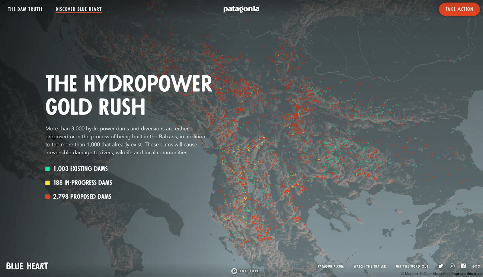 patagonia 3 Map showing hydropower dams in the Balkans, highlighting existing, in-progress, and proposed projects.