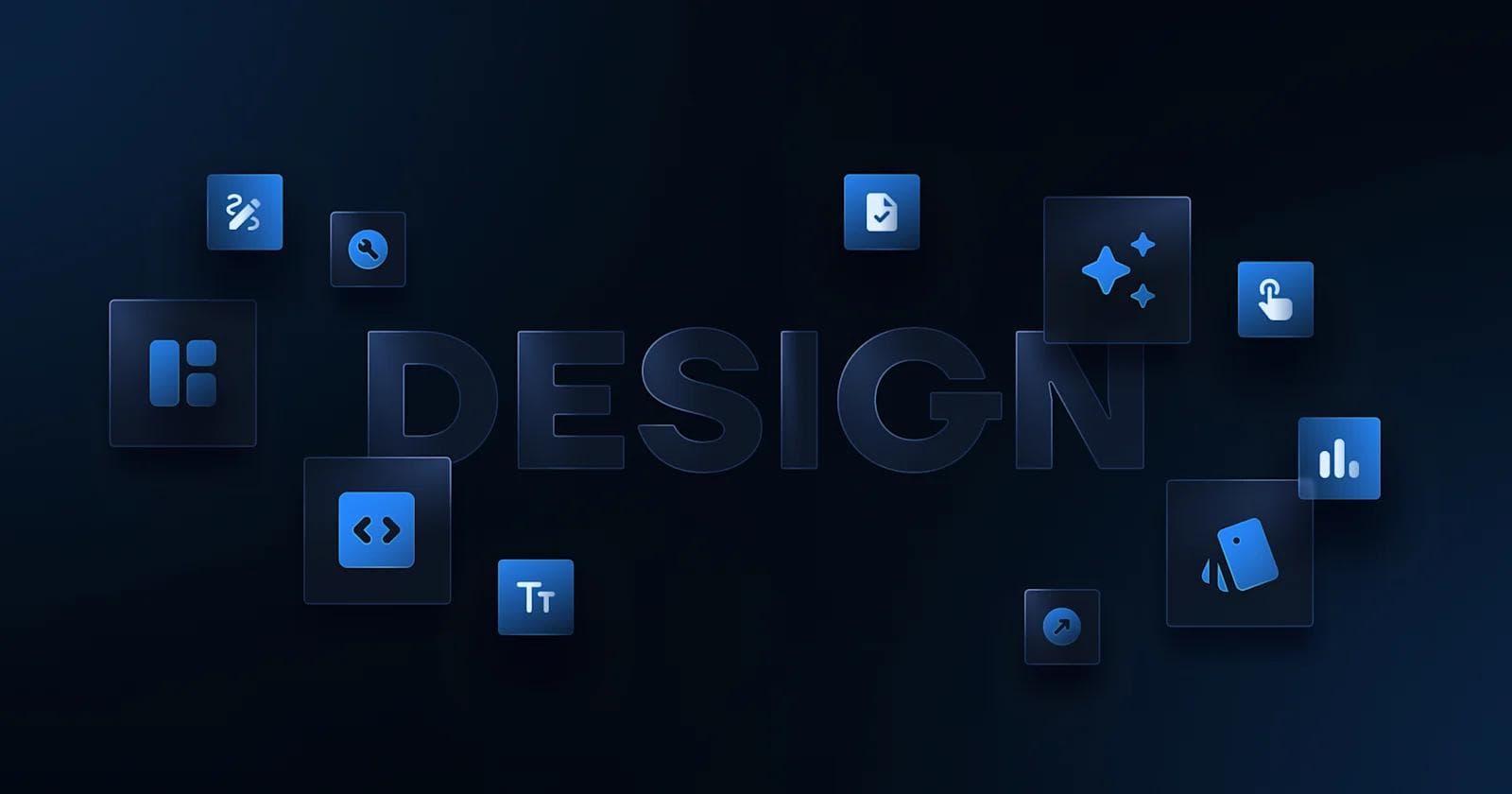Design’s Role in Conversion Rate Optimization Blue icons and squares arranged around the word "DESIGN" on a dark background, representing design tools and concepts.