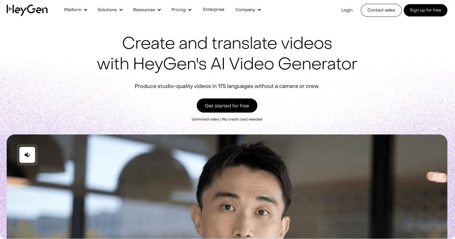 heygen homepage A man speaking in front of a blurred background promoting HeyGen's AI video generator for multilingual content creation.