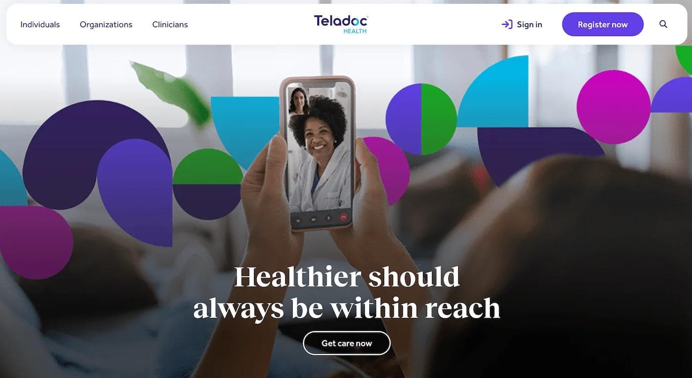 teladoc hp A person on a video call with a doctor, promoting accessible health care services online.