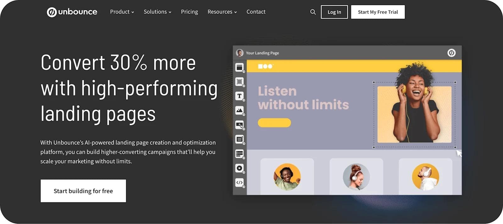 unbounce-homepage Website showcasing Unbounce's AI-powered landing page tool with conversion improvement highlights and a sample interface.