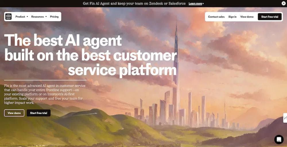 intercom-saas-conversions A digital landscape featuring a futuristic city skyline with mountains and clouds, promoting an AI customer service agent.