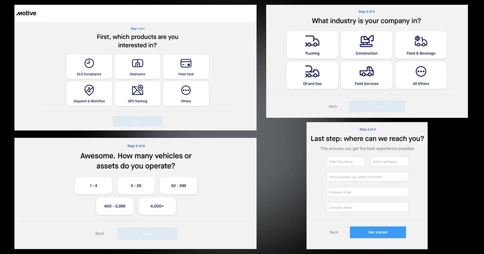 Motive form Four-step sign-up interface for a service, featuring options for products, industry, vehicle count, and contact information.
