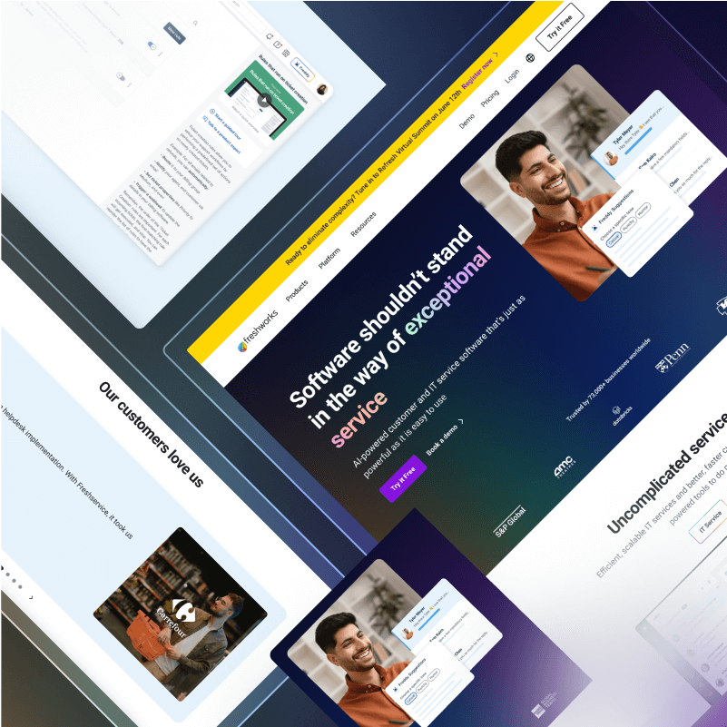Collage of web pages from Freshworks showcasing customer service software features and testimonials.