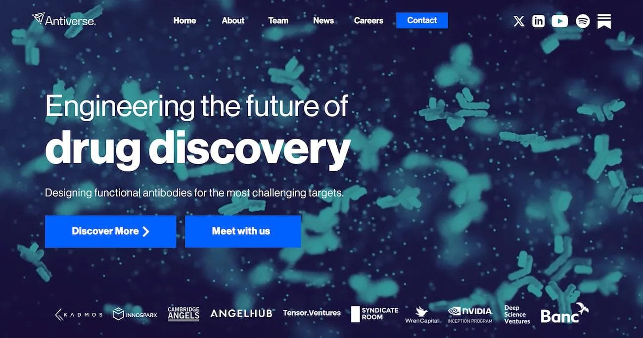 antiverse homepage Antiverse website screenshot highlighting expertise in drug discovery and antibody design, with navigation links.