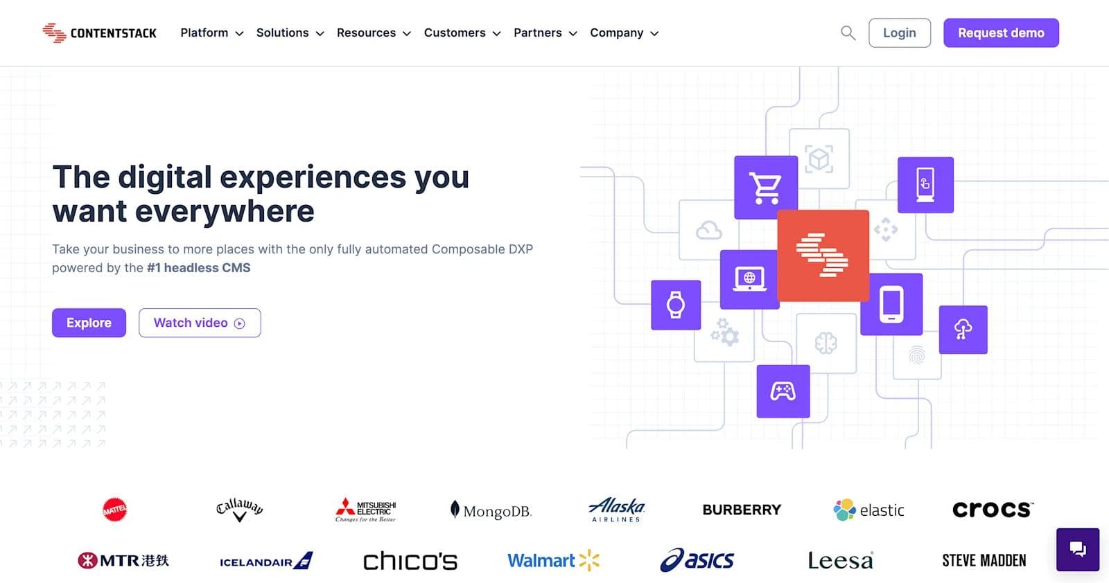 contentstack website Contentstack homepage featuring a tagline about digital experiences and logos of various partner brands.