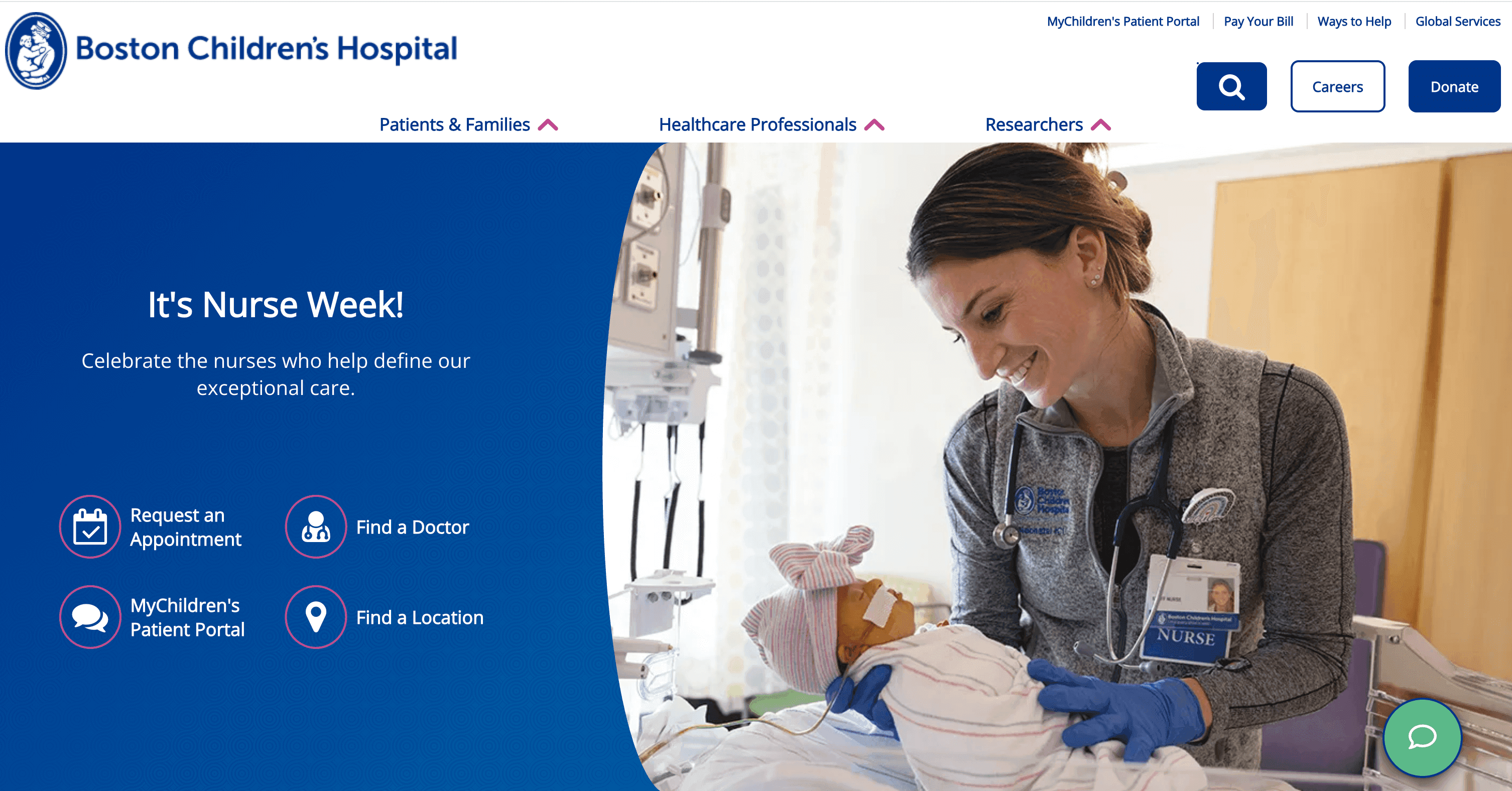 Nurse caring for a newborn in a hospital setting, celebrating Nurse Week at Boston Children's Hospital.