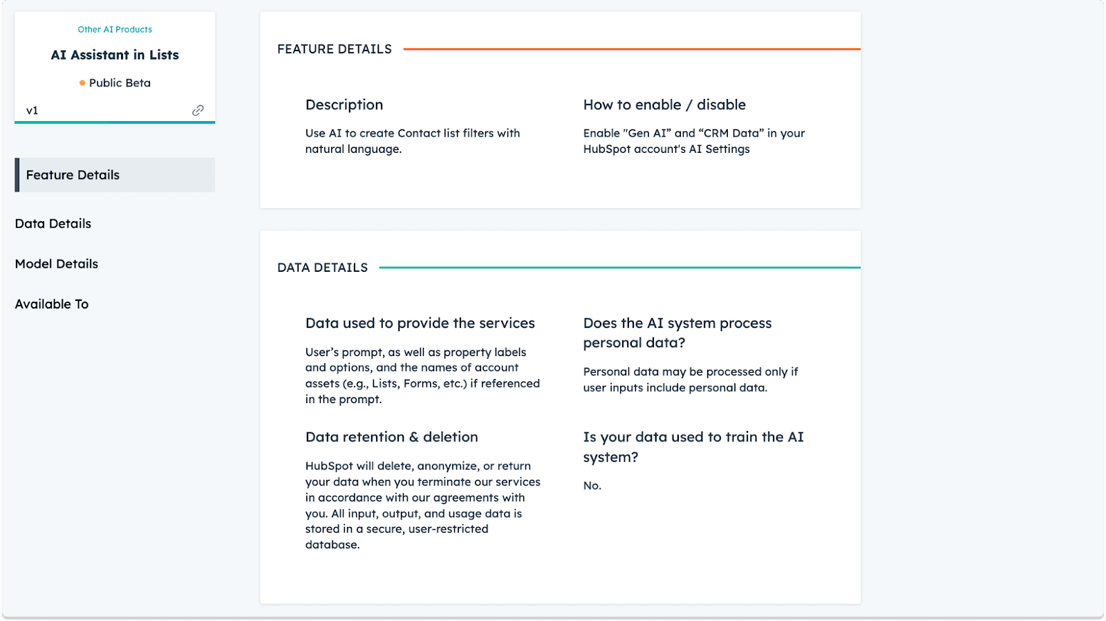 UI overview of HubSpot’s AI Assistant in Lists, featuring feature and data details for user guidance.
