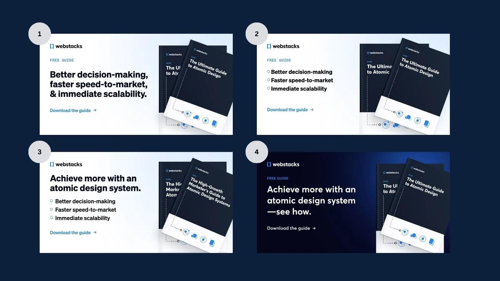 webstacks-a-b-test-ads Four promotional panels for web design guides emphasizing decision-making, speed, and scalability.