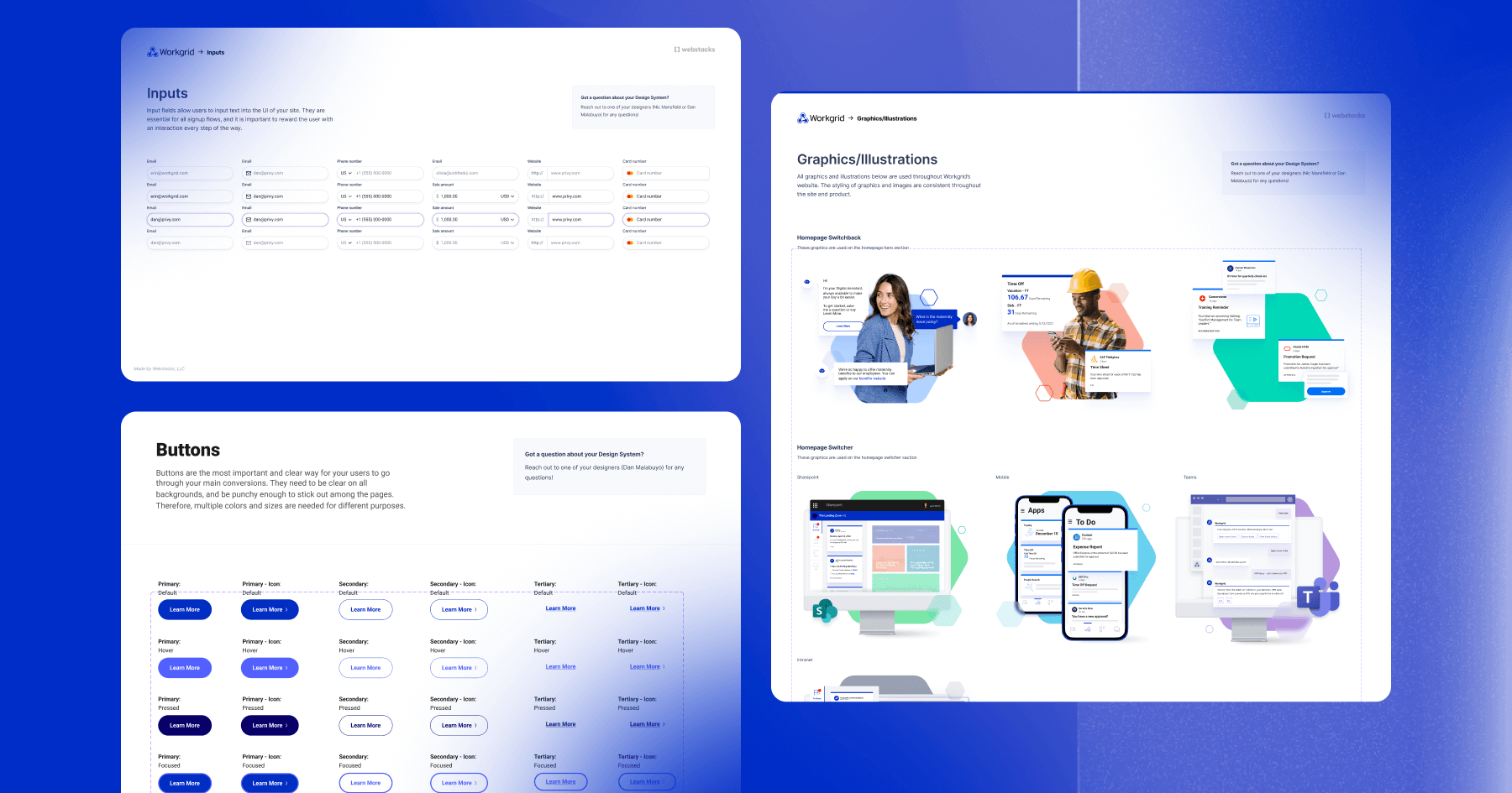 Design system layout featuring input fields, buttons, and graphics for user interface elements.