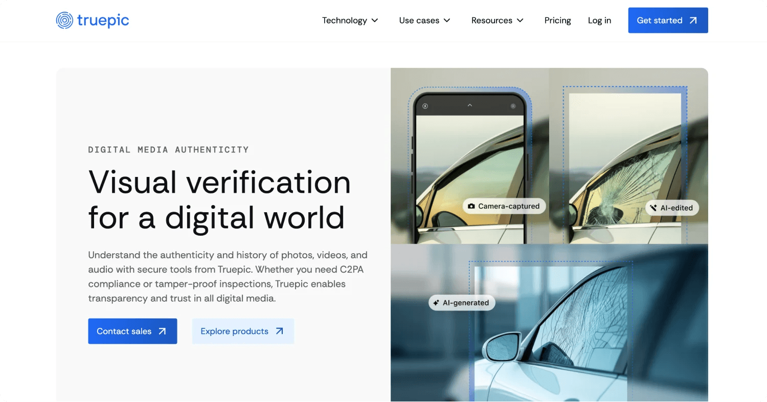 truepic homepage Homepage of Truepic, highlighting visual verification of digital media with examples of camera-captured and AI-edited images.