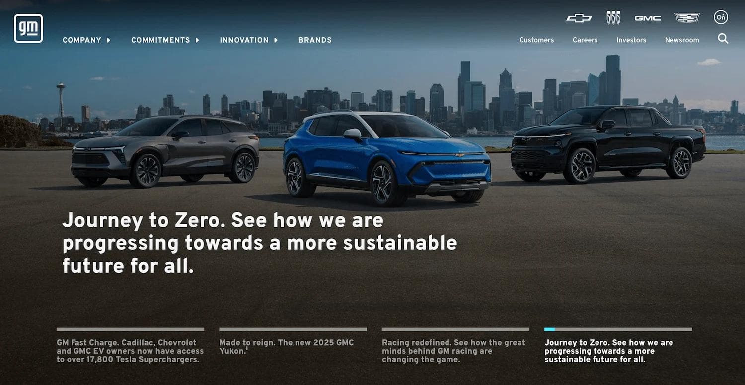 gm website Three modern GM electric vehicles parked with a city skyline in the background, promoting sustainable future initiatives.