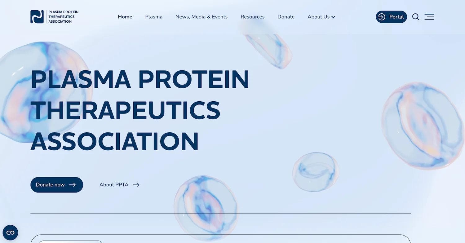 ppta homepage Homepage of the Plasma Protein Therapeutics Association, featuring logo and navigation links over a light background.