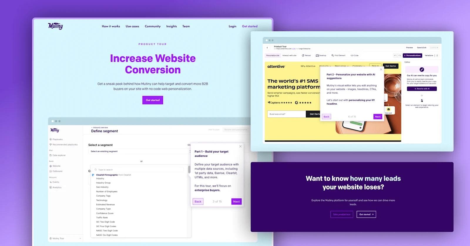 Mutiny - Demo page Screenshot of a website showcasing product features for Mutiny, focused on B2B web personalization and lead conversion.