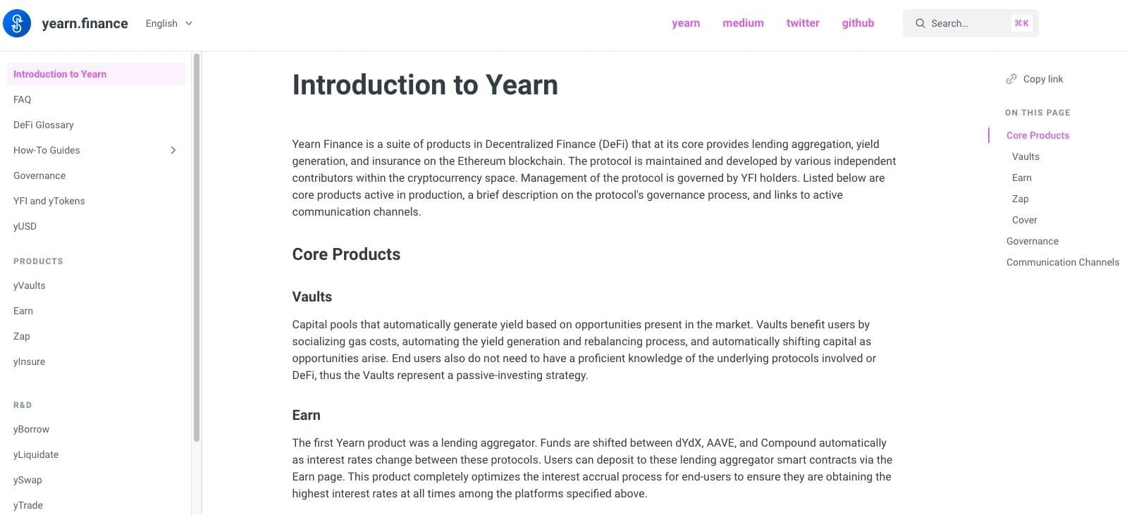 Yearn Github A screenshot of Yearn Finance's Github documentation.