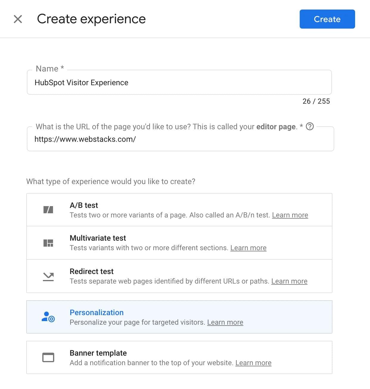 google-personalization Form for creating a HubSpot visitor experience with options for A/B testing, multivariate testing, and more.