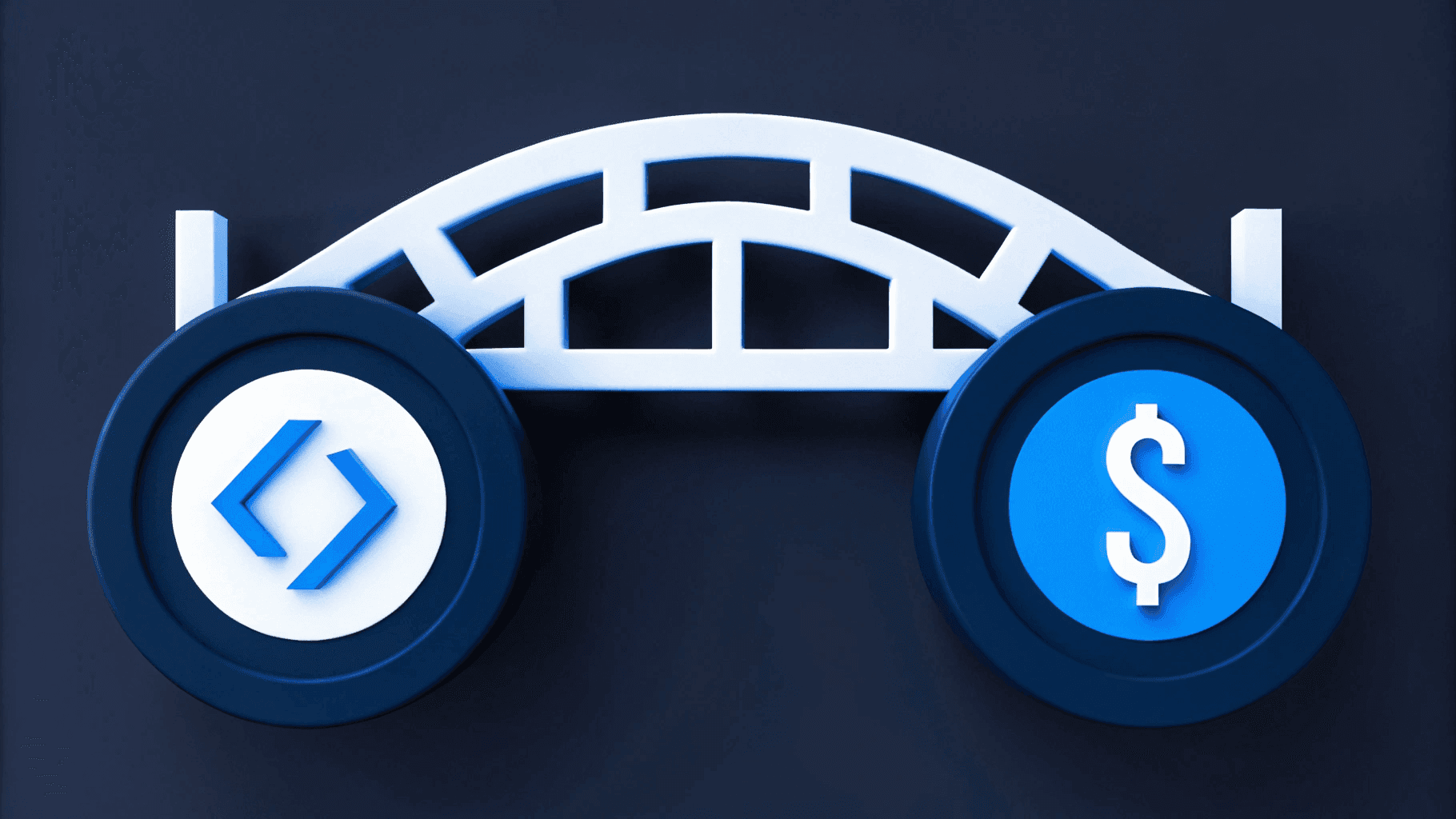 3D illustration of a bridge connecting two circles on a dark background. Left circle has a code symbol, right has a dollar sign, symbolizing tech and business outcomes link.